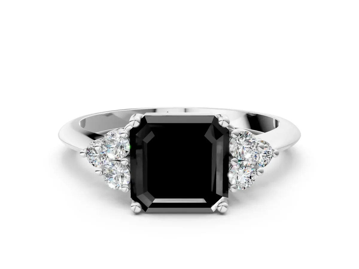 Fancy Black Asscher Cut Cut Diamond Cluster Ring with Solitaire Band and Four-Prong Setting Platinum