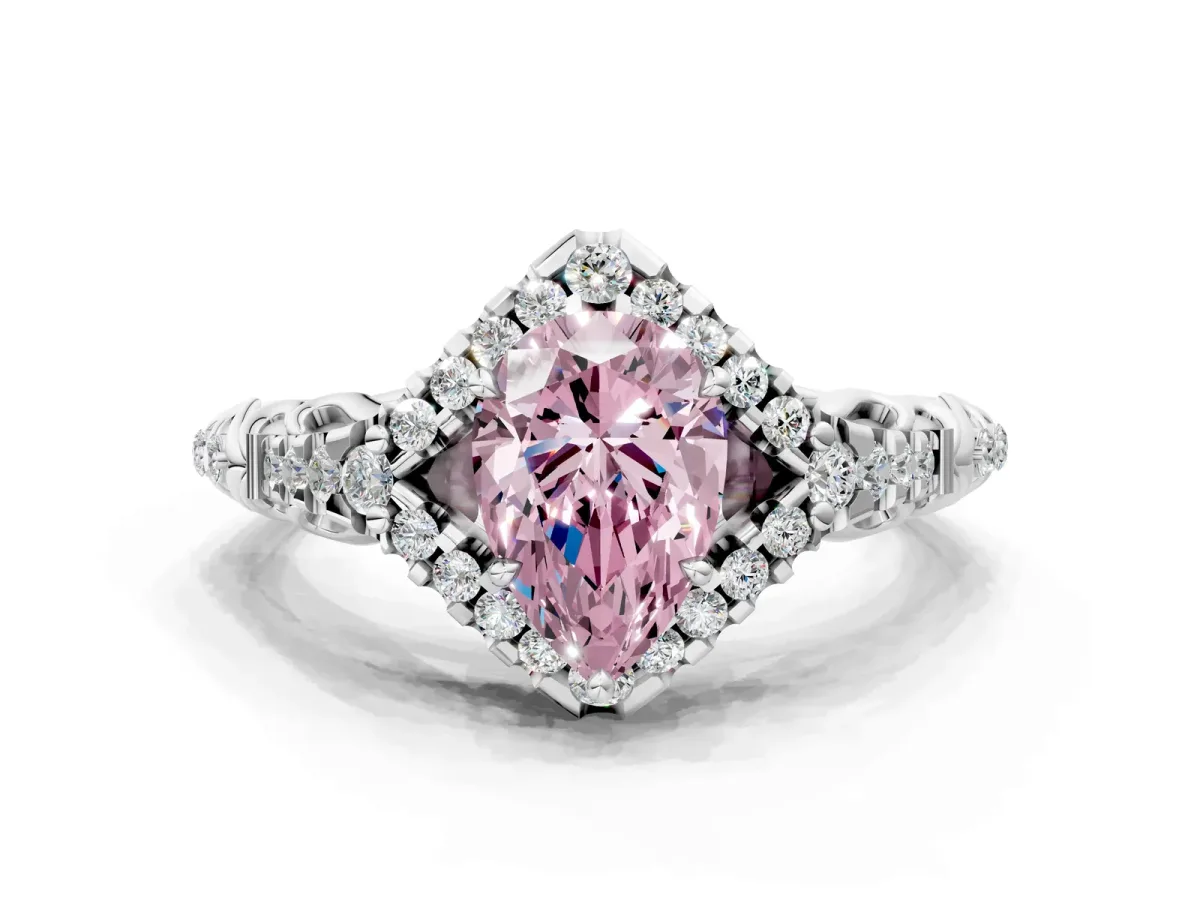 Fancy Pink Pear Cut Diamond Solitaire Ring with Hidden Halo and Pavé Band White gold