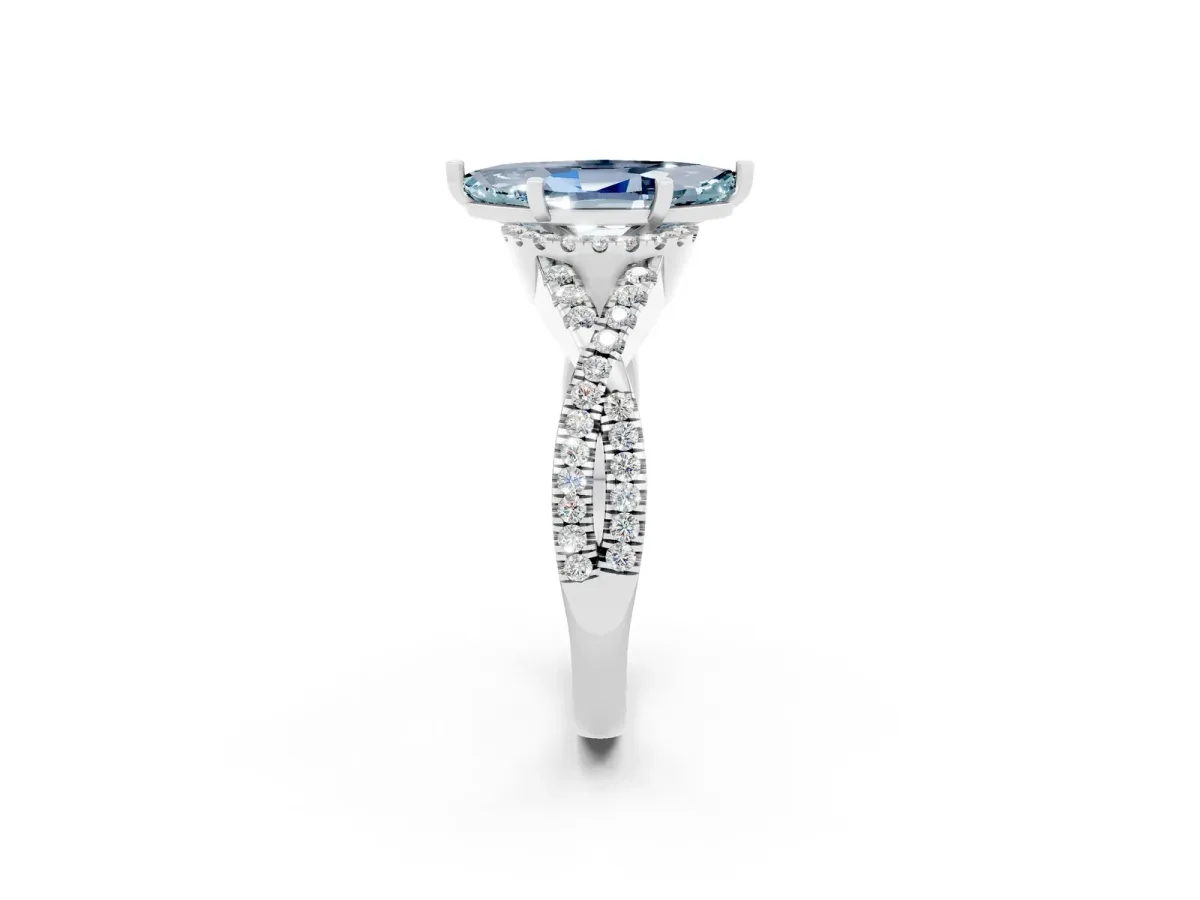 Marquise Cut Aquamarine Halo Twist Band Solitaire Prong Setting Ring White gold