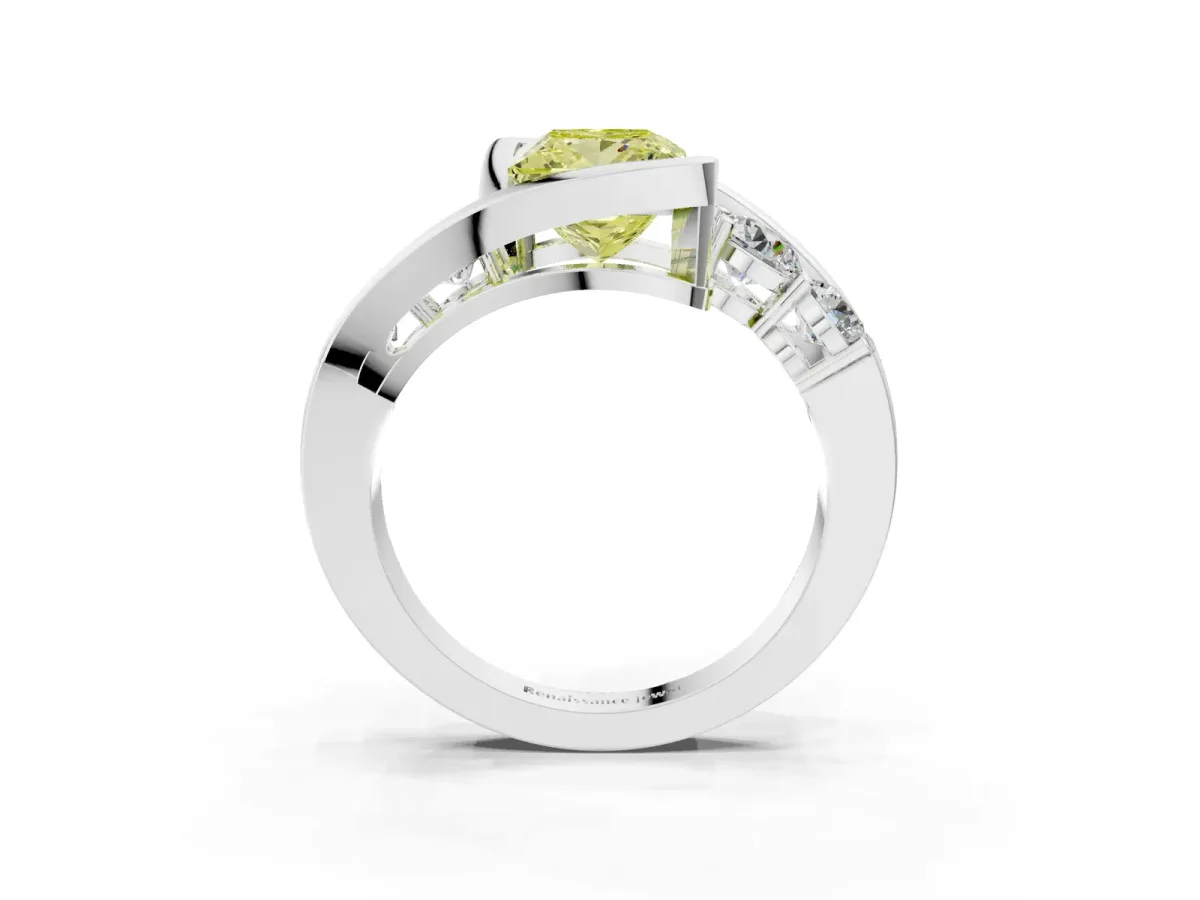 Fancy Yellow Bezel Set Princess Cut Diamond Bypass Ring with Round Accents Platinum