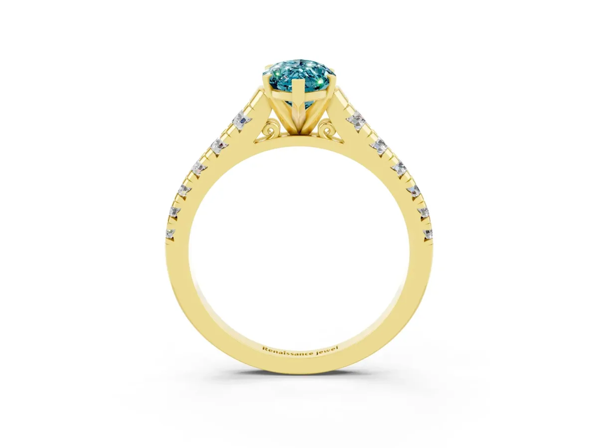 Marquise Cut Blue Topaz Cathedral Solitaire Ring with Round Pavé Band Yellow gold