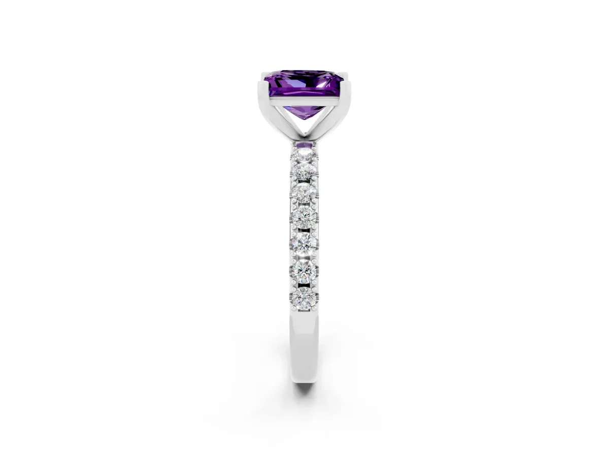 Princess Cut Amethyst Solitaire Pavé Band with Four-Prong Setting Platinum