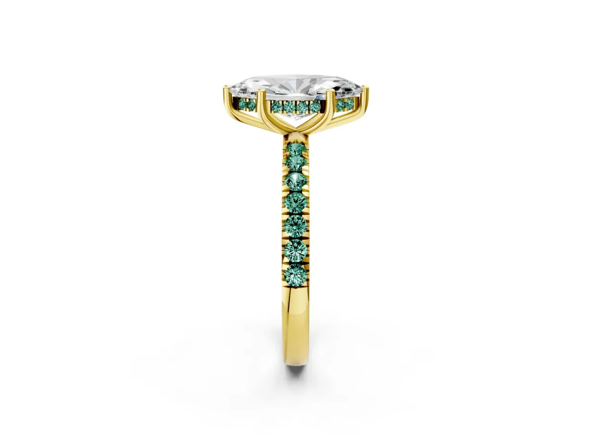Marquise Cut Diamond Pave Band Solitaire Ring with Round Green Sapphire and Prong Setting Yellow gold