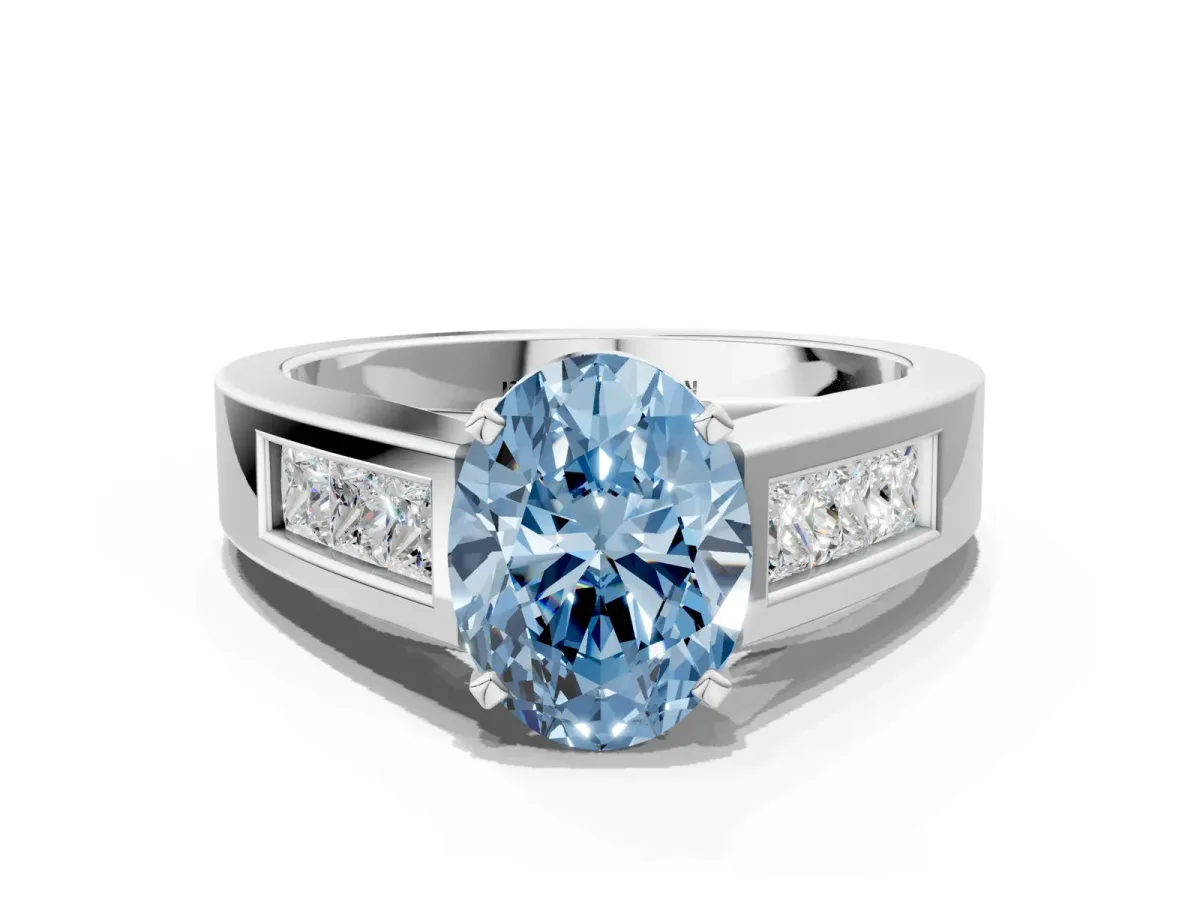 Fancy Blue Oval Cut Cut Channel Set Solitaire Ring with Four-Prong Setting Platinum