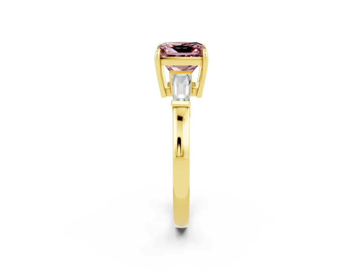 Princess Cut Morganite Three-Stone Ring with Tapered Baguette Side Stones and Prong Setting Yellow gold