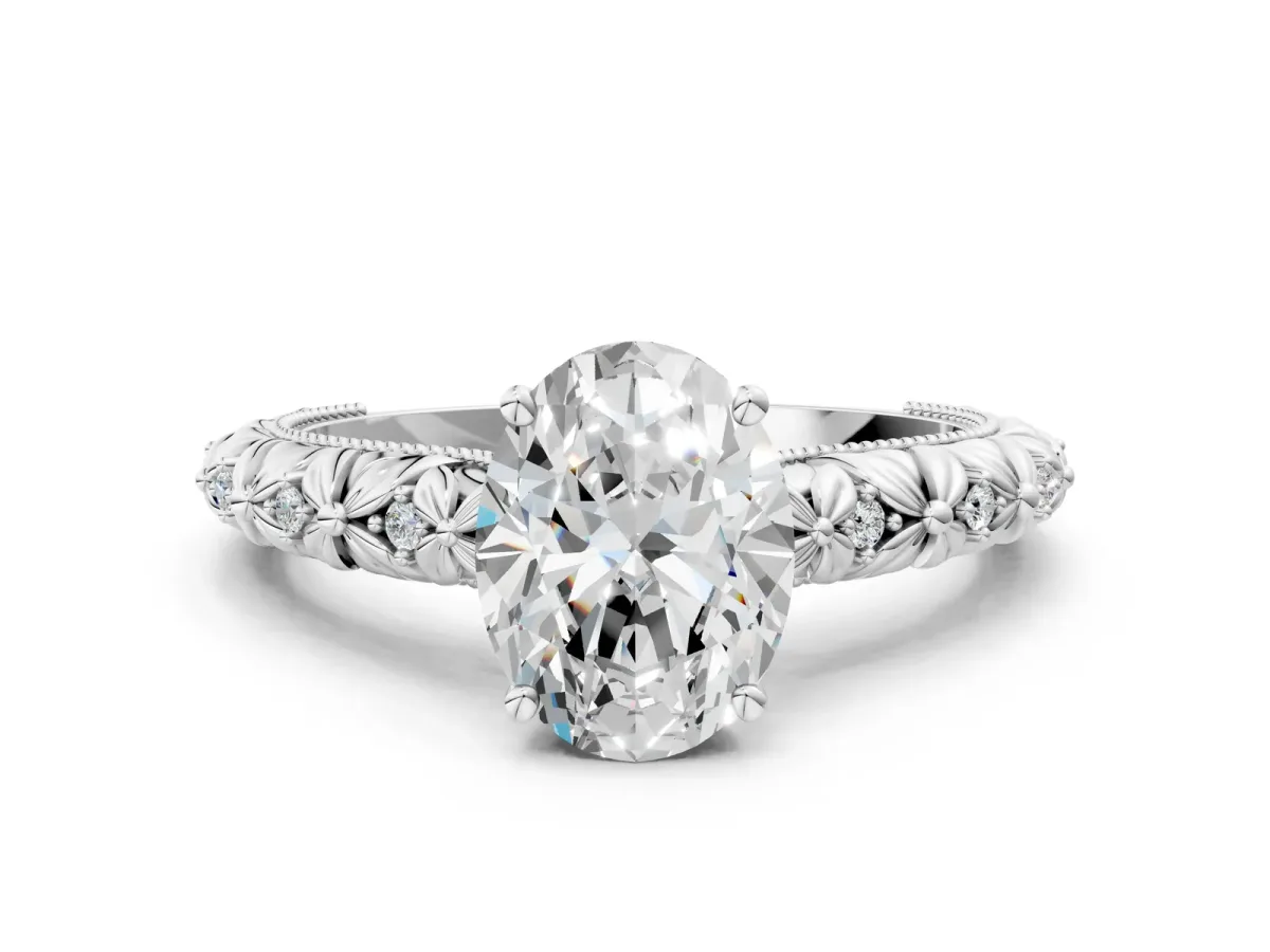Oval Cut Solitaire Floral Milgrain Engagement Ring Platinum