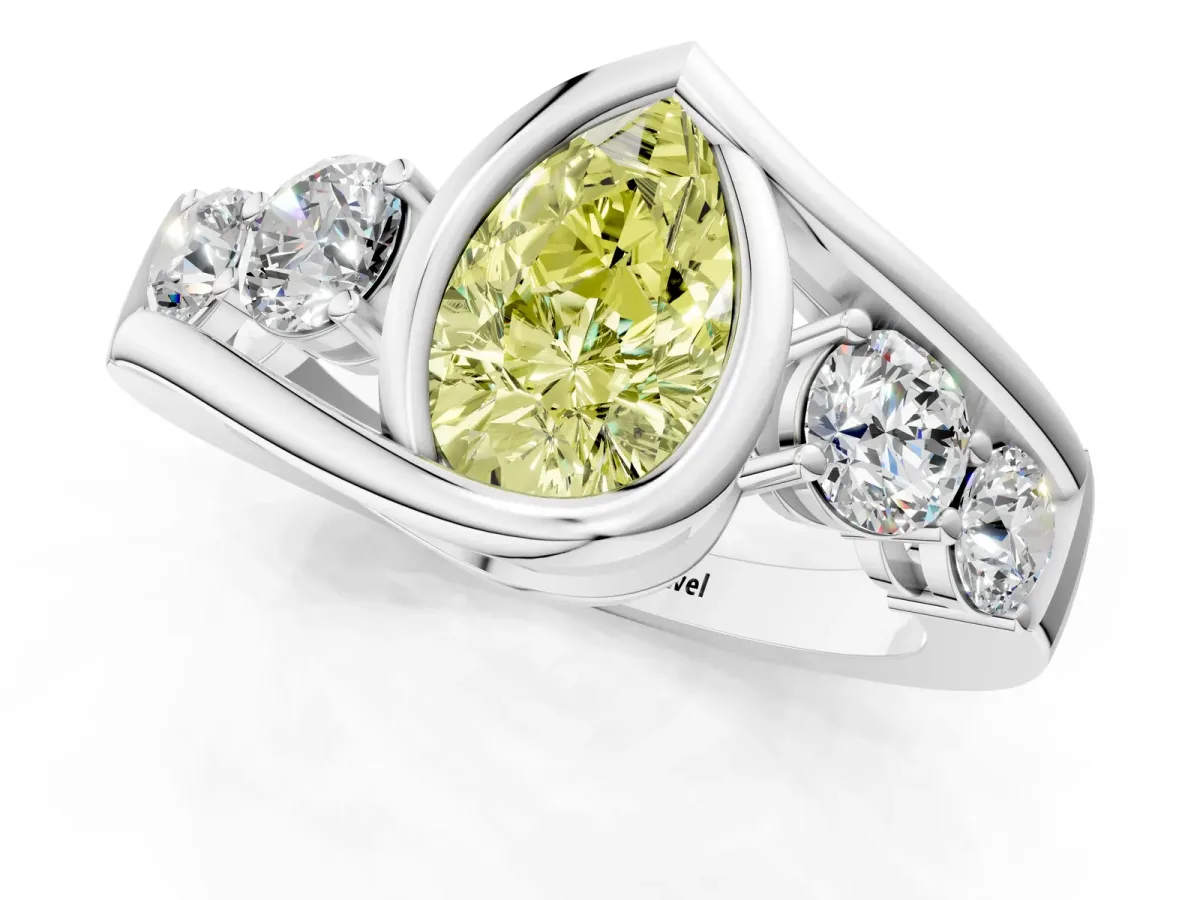 Fancy Yellow Bezel Set Pear Cut Diamond Bypass Ring with Round Accents Silver