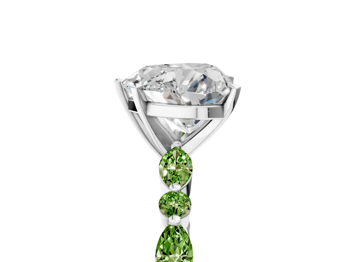 Heart Cut Diamond Ring with Marquise and Round Peridot Side Stones and Four-Prong Setting White gold