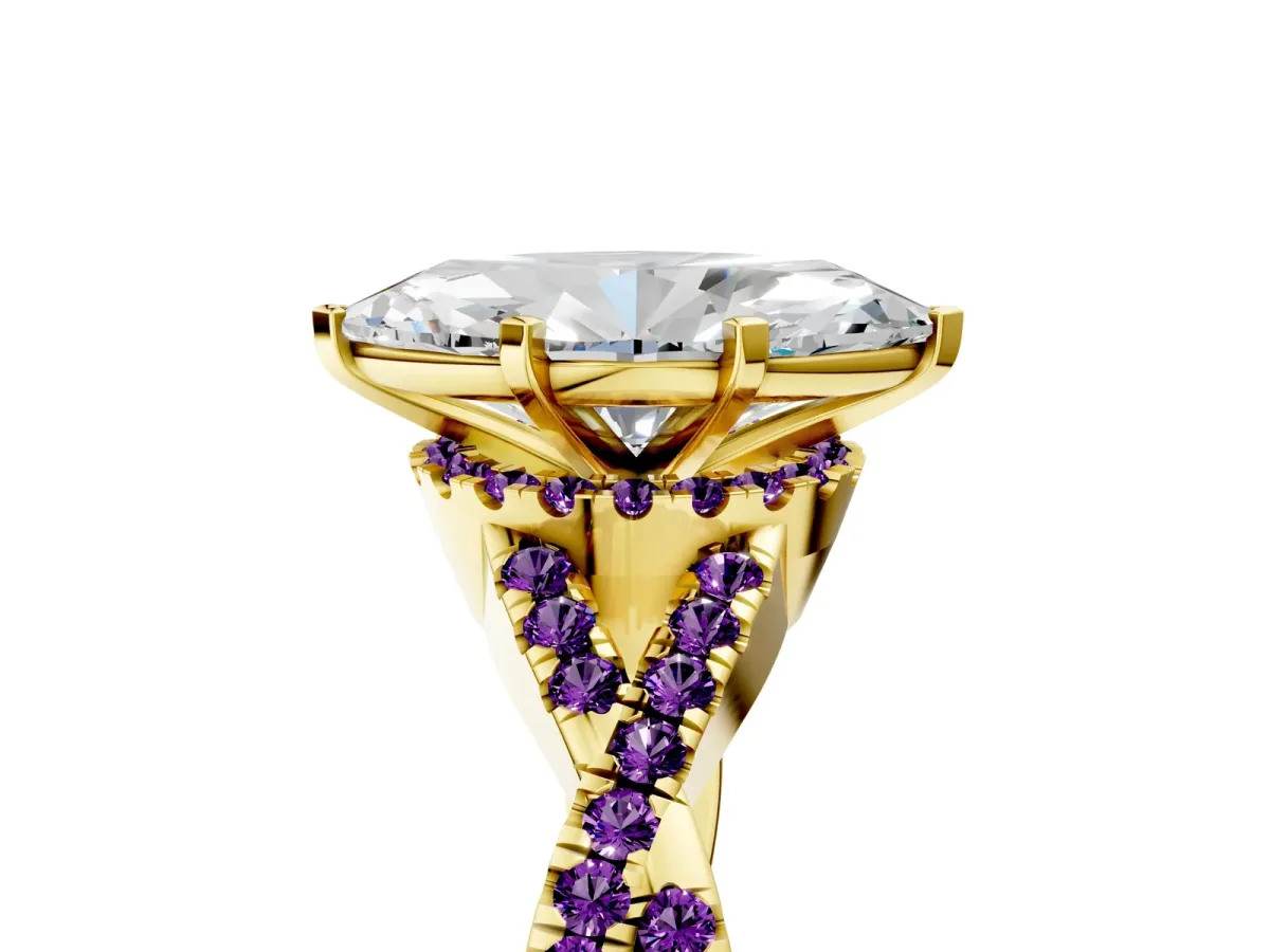 Marquise Cut Diamond Amethyst Halo Twist Band Solitaire Prong Setting Ring Yellow gold