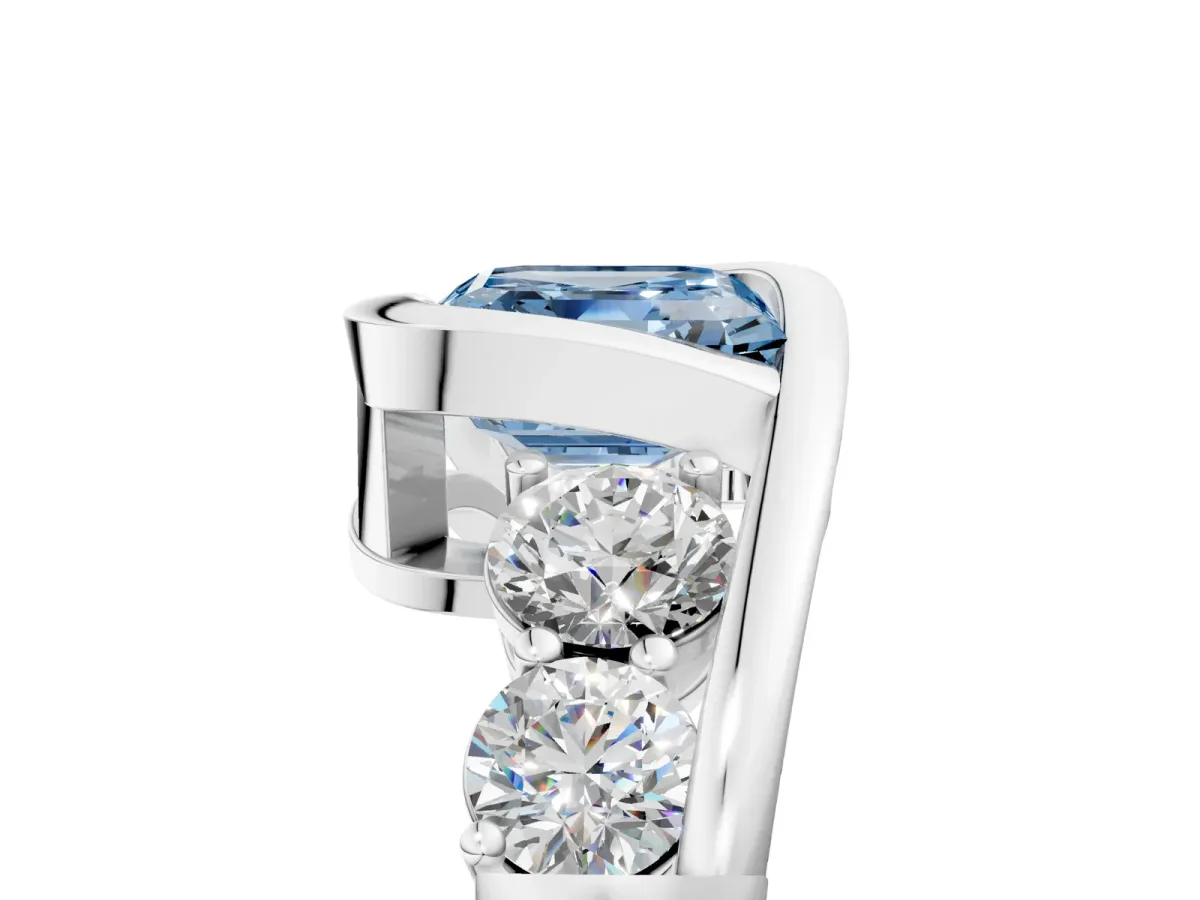 Fancy Blue Bezel Set Asscher Cut Diamond Bypass Ring with Round Accents White gold