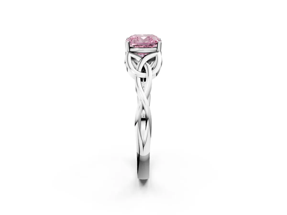 Fancy Pink Cushion Cut Diamond Solitaire Engagement Ring with Celtic Knot Band and Four-Prong Setting White gold