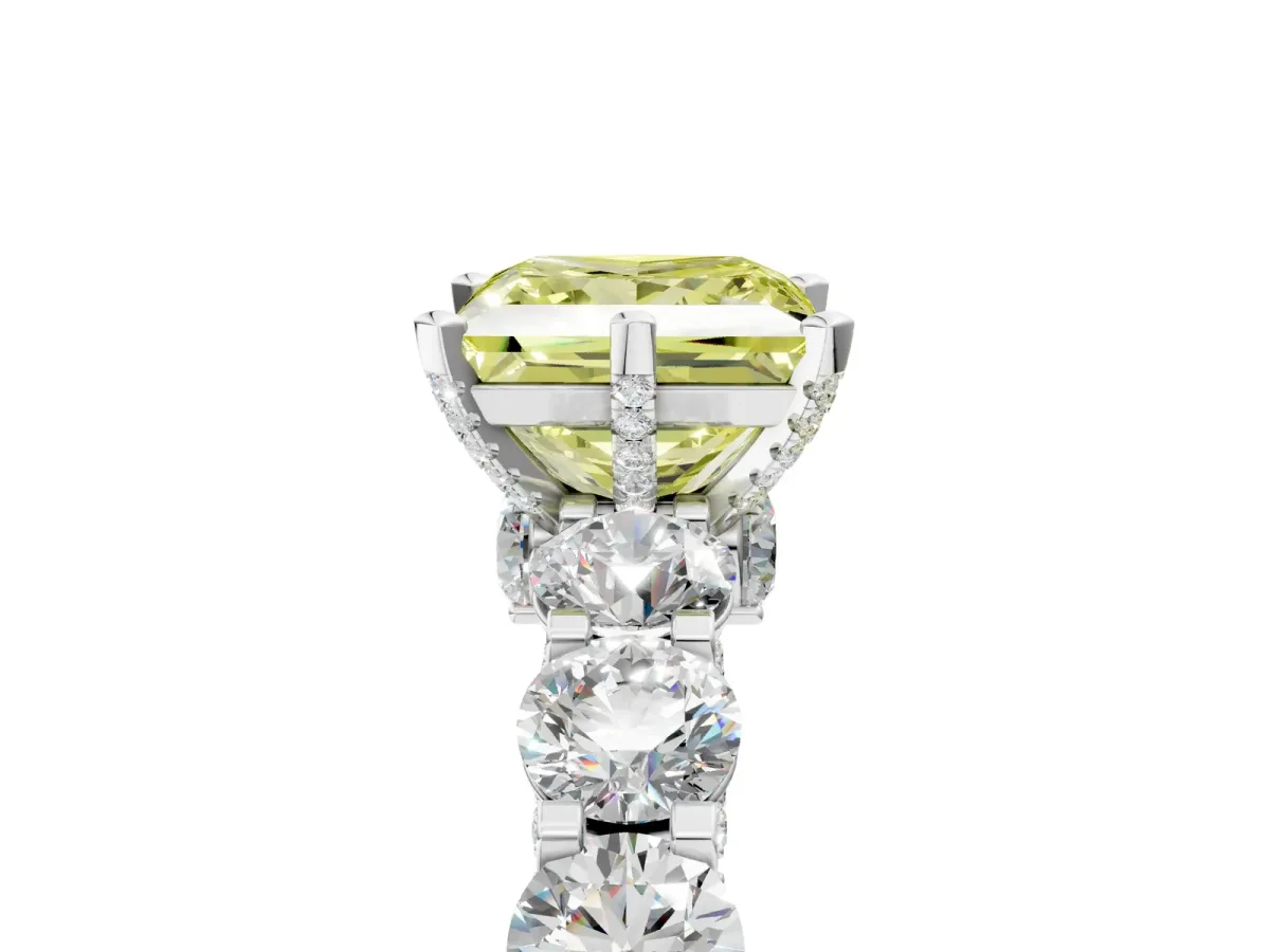 Fancy Yellow Princess Cut Diamond Side Stone Engagement Ring with Four-Prong Setting Silver