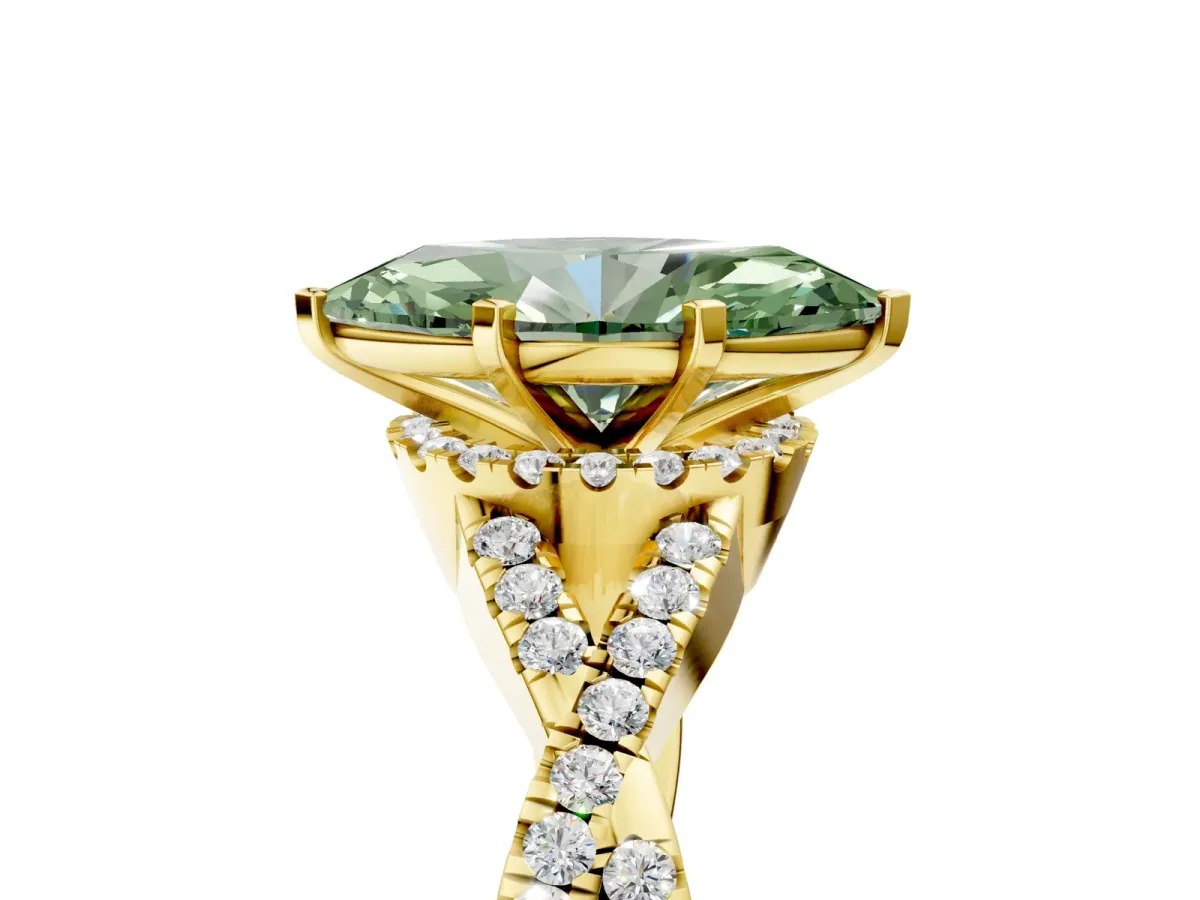 Fancy Green Marquise Cut Diamond Halo Twist Band Solitaire Prong Setting Ring Yellow gold