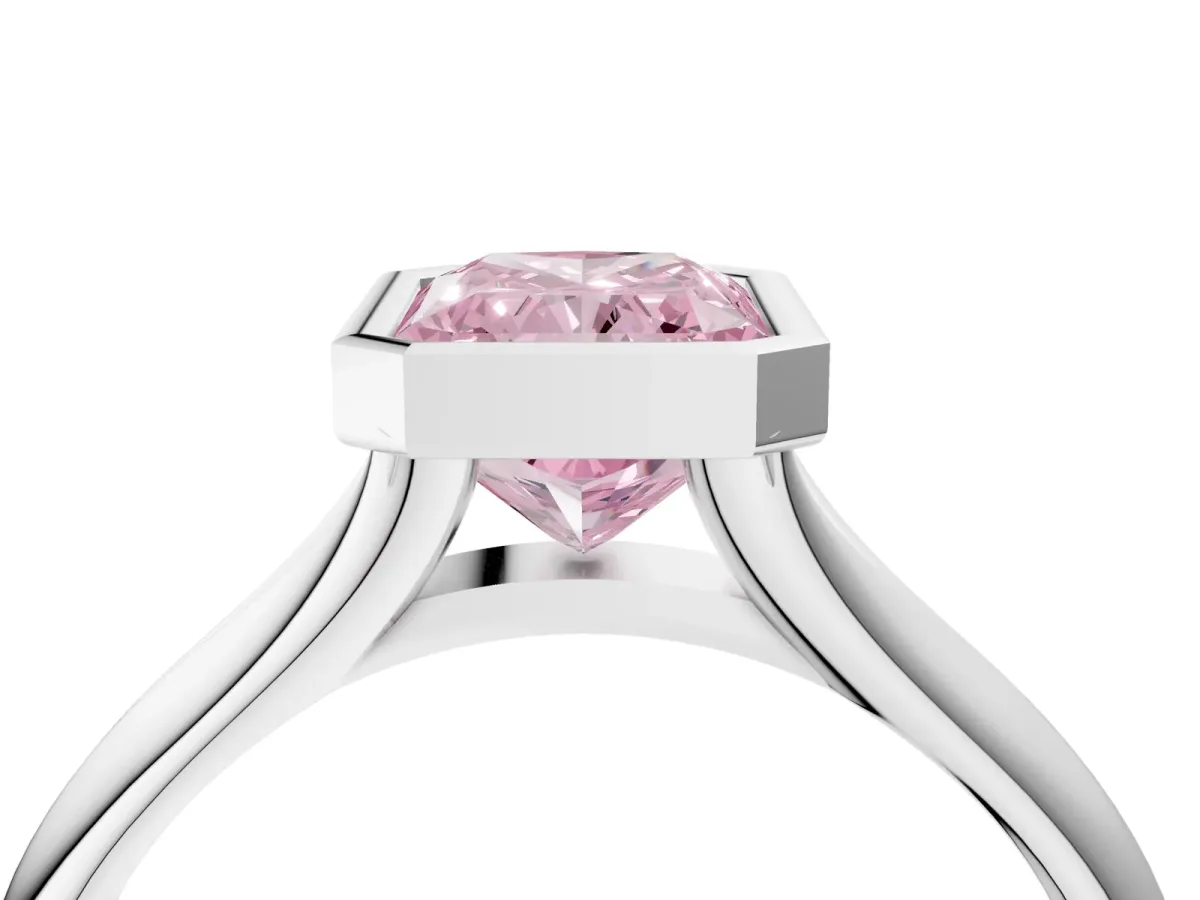 Fancy Pink Bezel Set Radiant Cut Solitaire Diamond Ring with Smooth Band Platinum