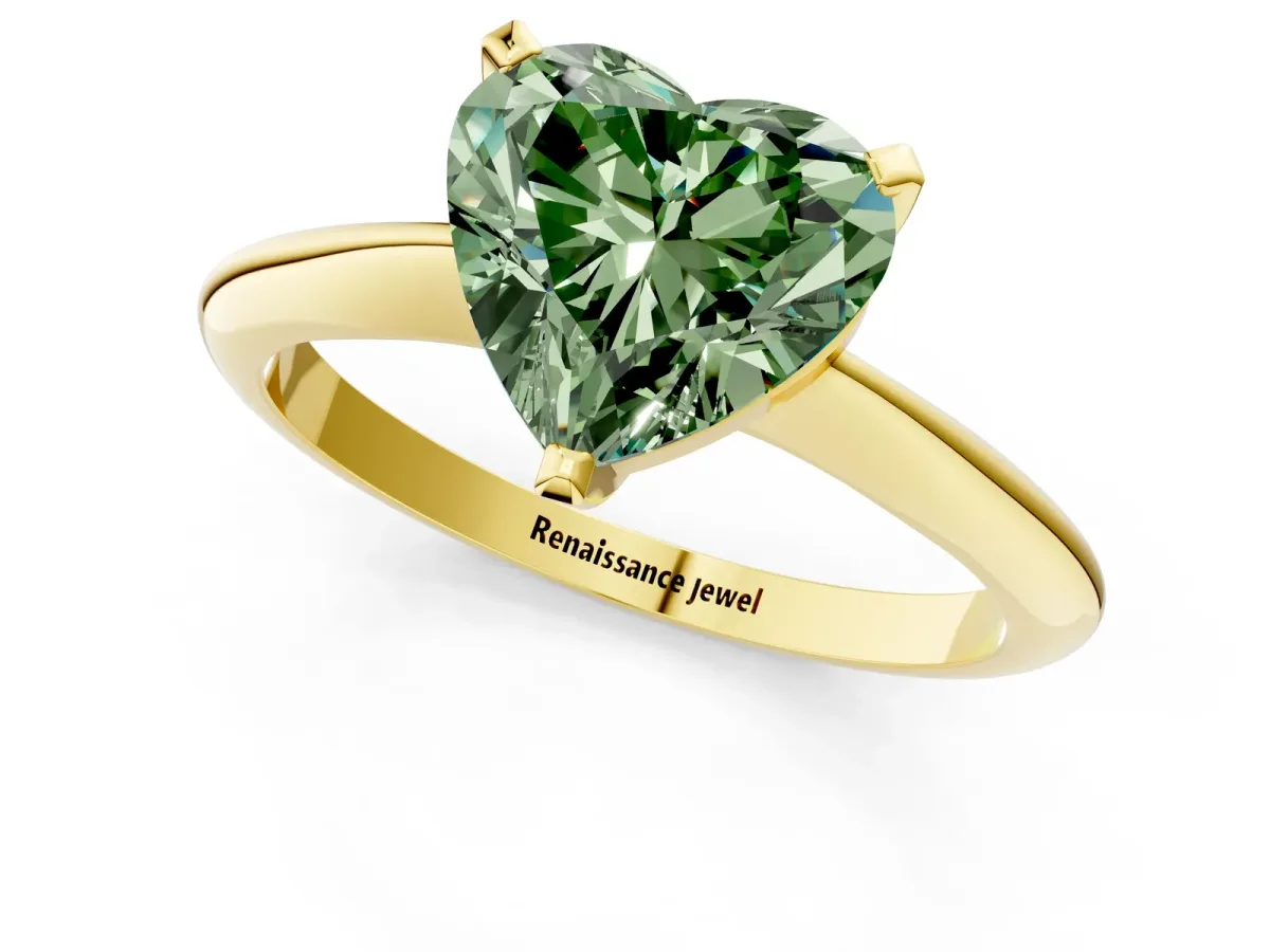 Fancy Green Heart Cut Diamond Solitaire Engagement Ring with Classic Band and Four-Prong Setting Yellow gold