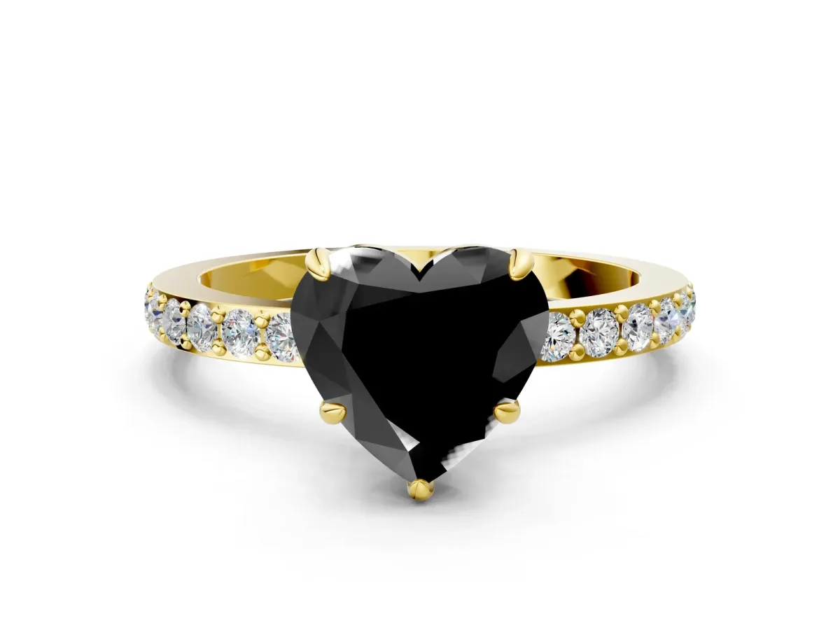 Fancy Black Heart Cut Diamond Solitaire Engagement Ring with Pavé Band and Four-Prong Setting Yellow gold