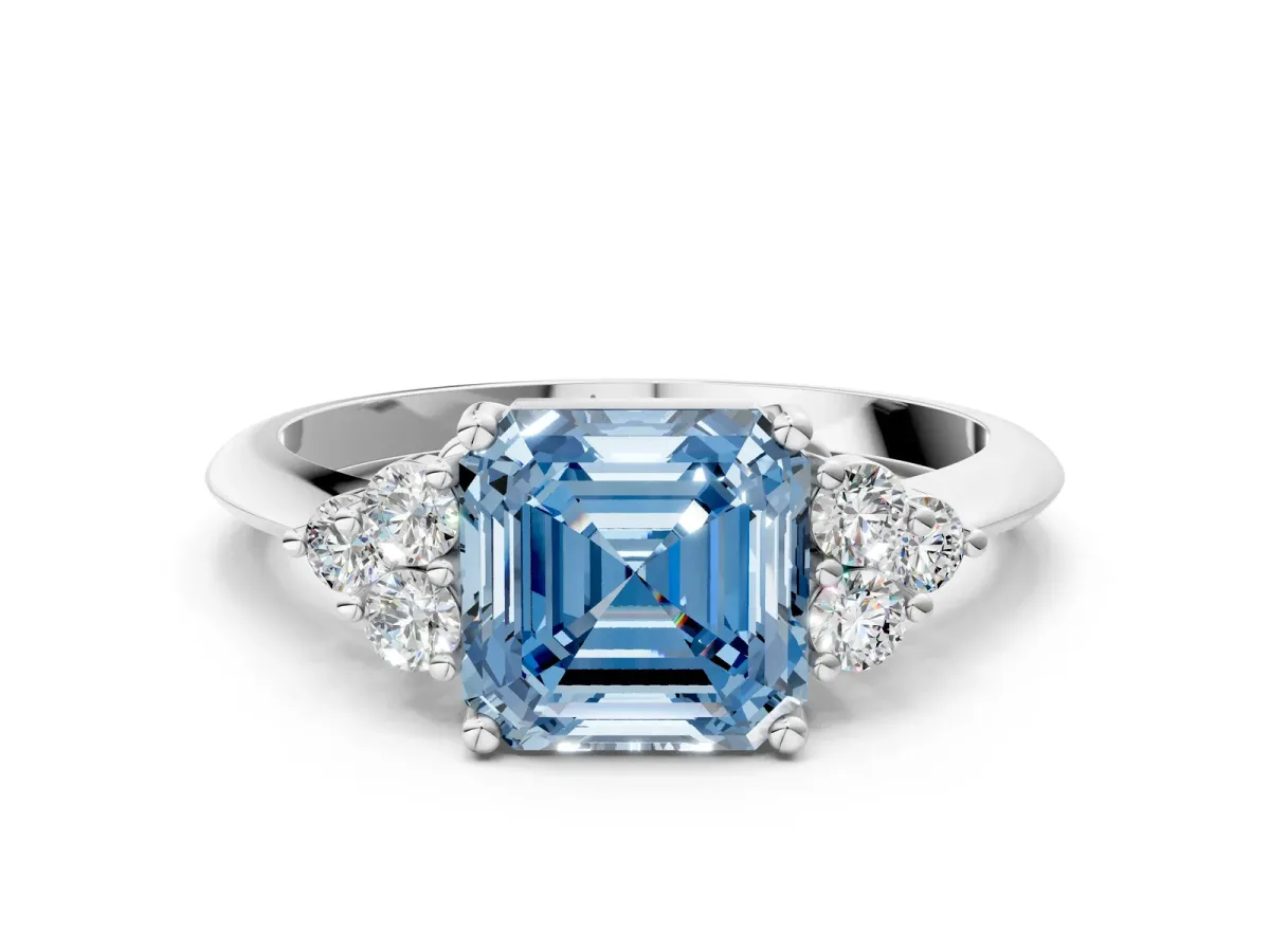 Fancy Blue Asscher Cut Cut Diamond Cluster Ring with Solitaire Band and Four-Prong Setting Platinum