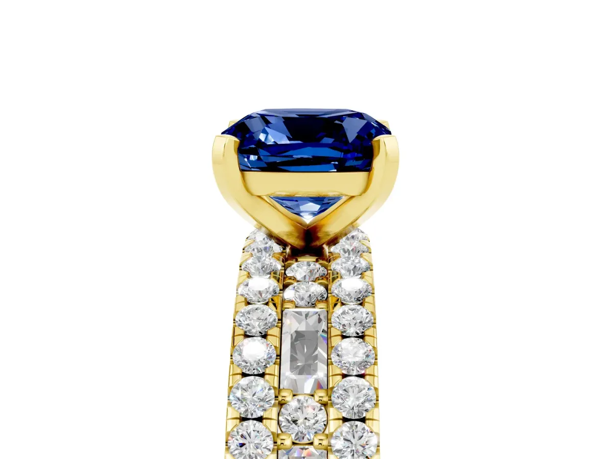 Cushion Cut Blue Sapphire Solitaire Ring with Pavé and Channel Set Band Yellow gold