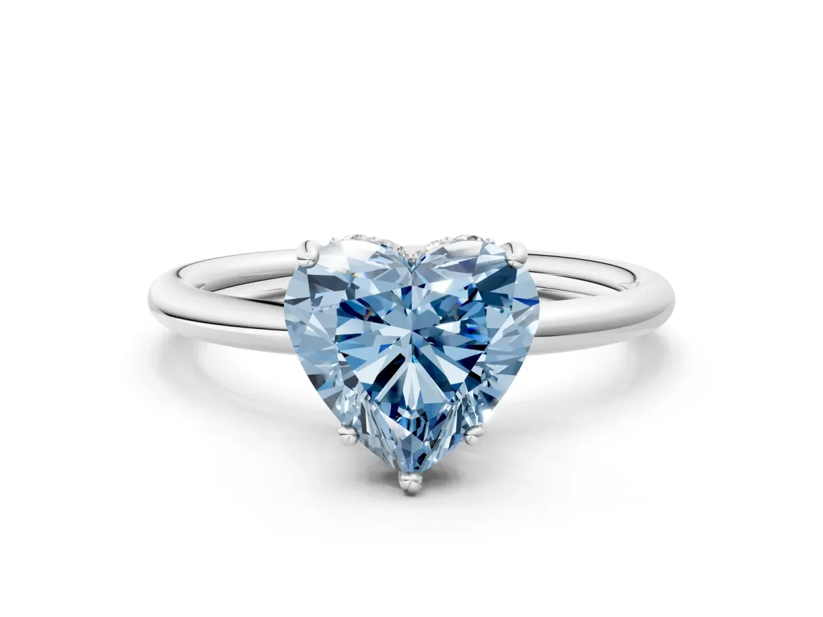 Fancy Blue Heart Cut Solitaire Diamond Ring with a Classic Band and Four-Prong Setting Platinum