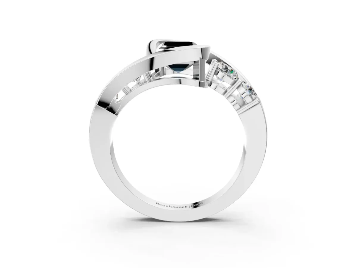 Fancy Black Bezel Set Emerald Cut Diamond Bypass Ring with Round Accents Silver