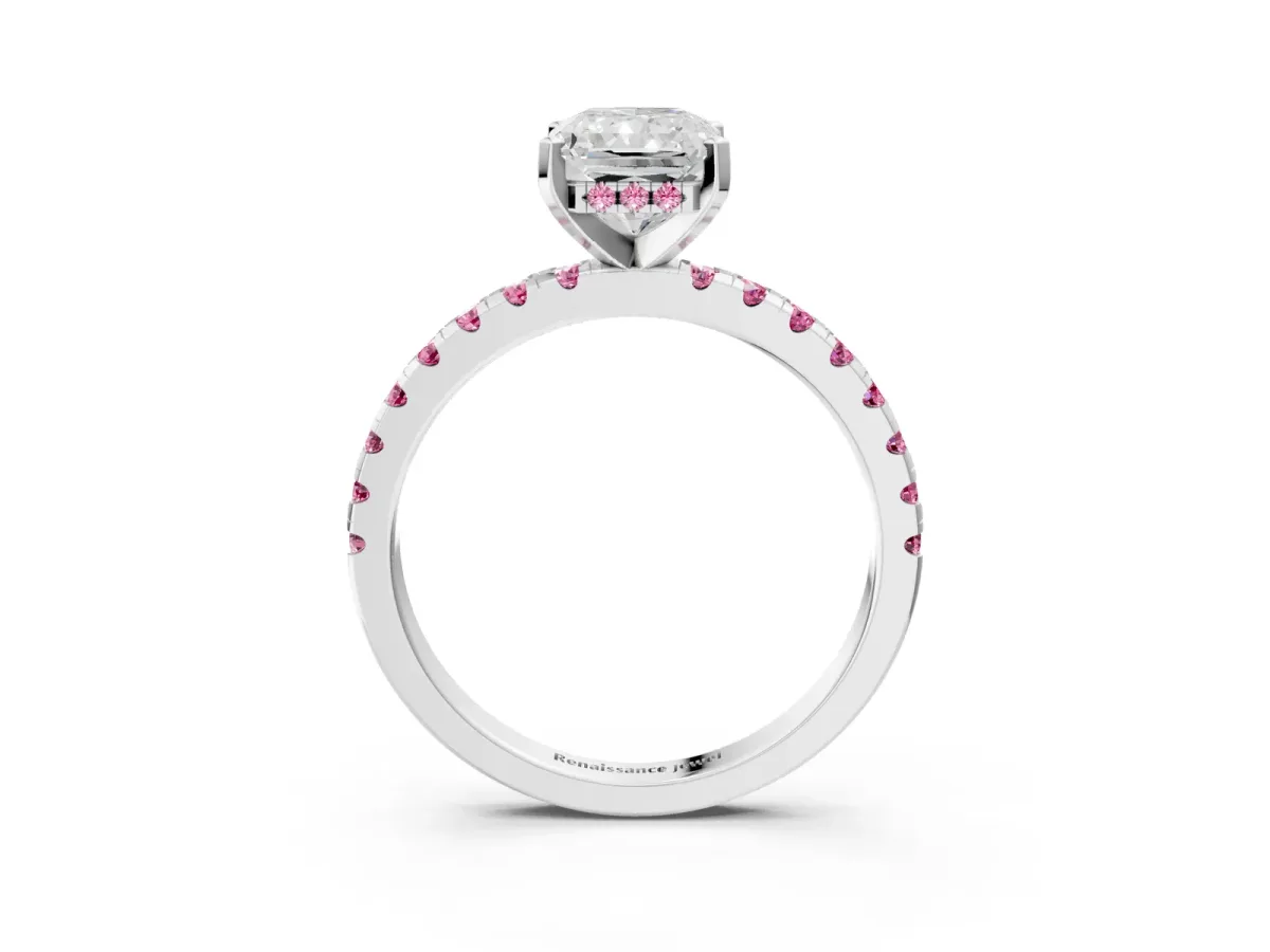 Radiant Cut Diamond Solitaire Ring with Round Pink Sapphire Pavé Band and Four-Prong Setting Platinum