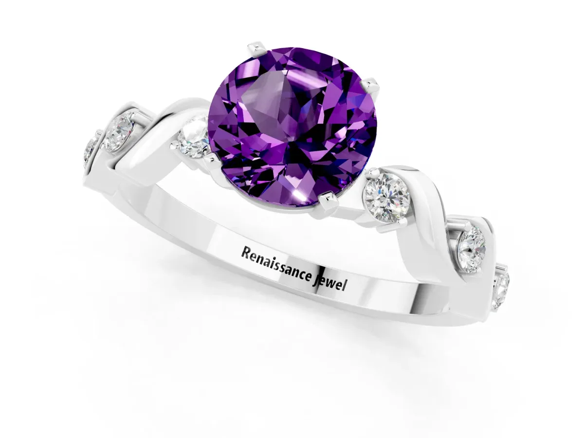 Round Cut Amethyst Solitaire Twisted Band with Round Accents and Prong Setting Silver