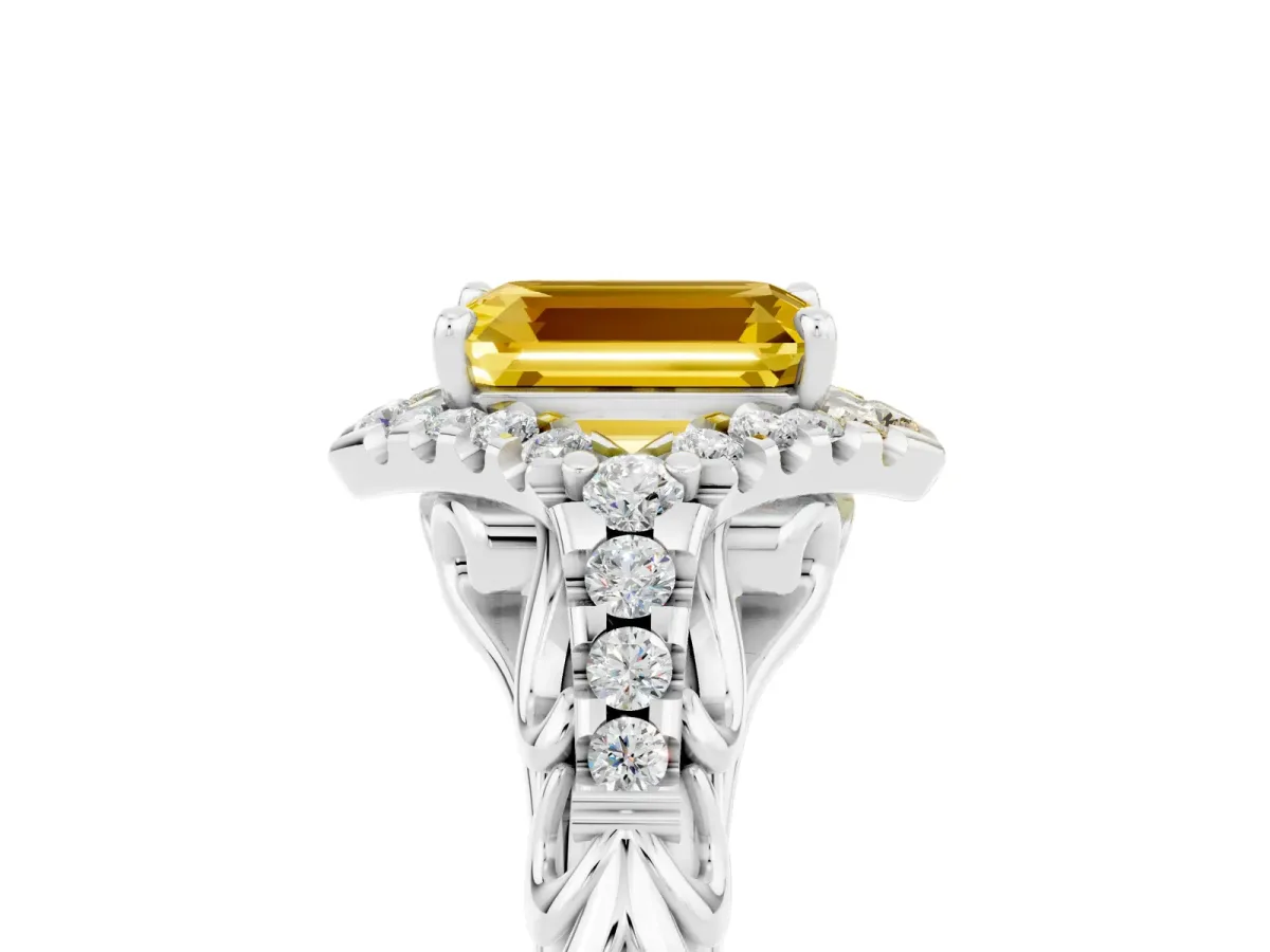 Emerald Cut Yellow Sapphire Solitaire Ring with Hidden Halo and Pavé Band White gold