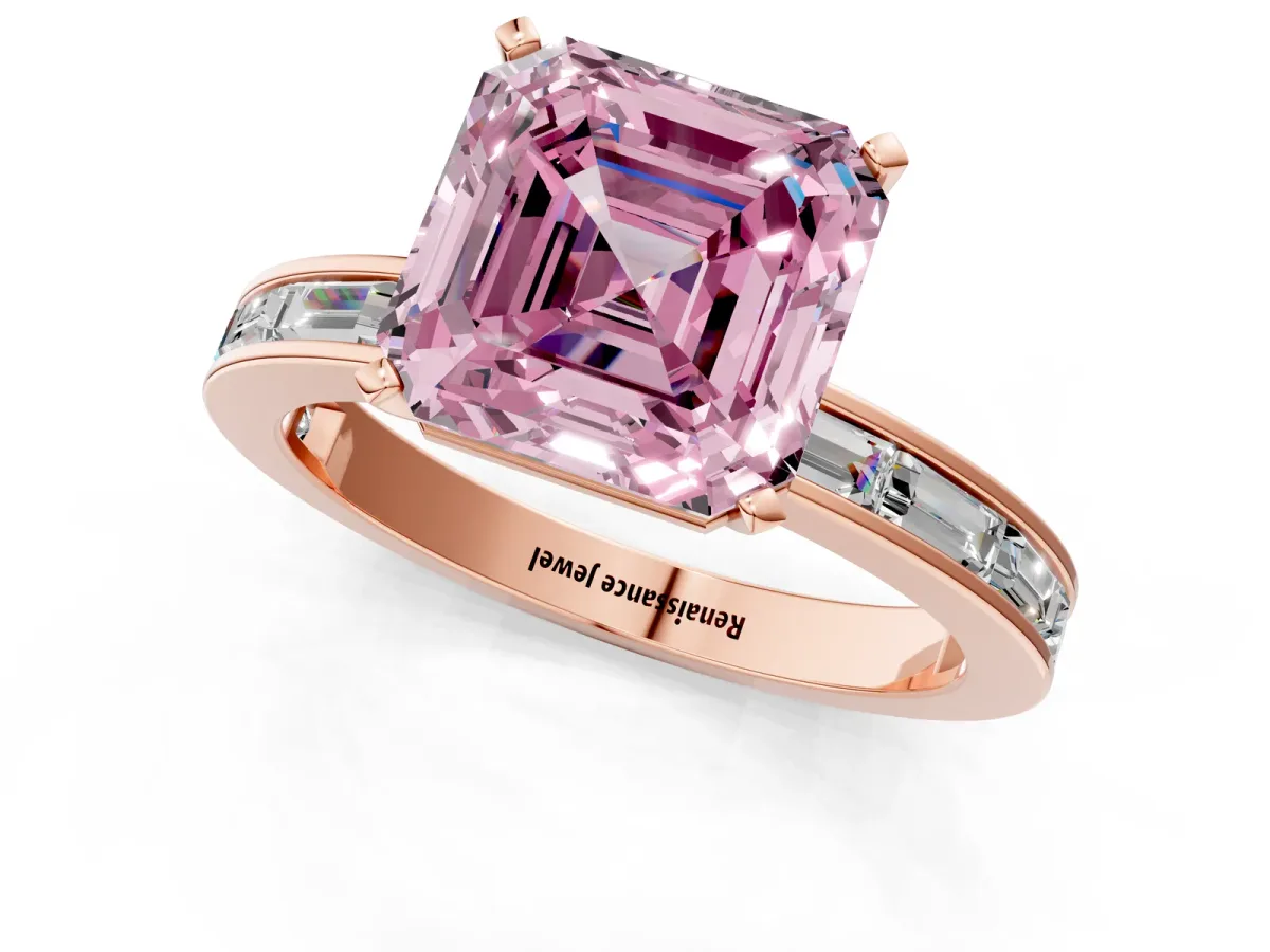 Fancy Pink Asscher Cut Solitaire Diamond Ring with Channel-Set Baguette Band and Four-Prong Setting Rose gold