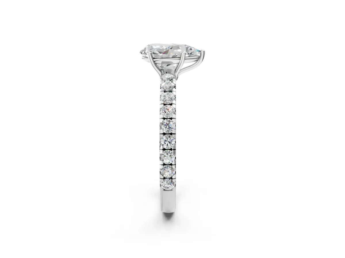 Pear Cut Diamond Pavé Solitaire Engagement Ring with Four-Prong Setting Silver