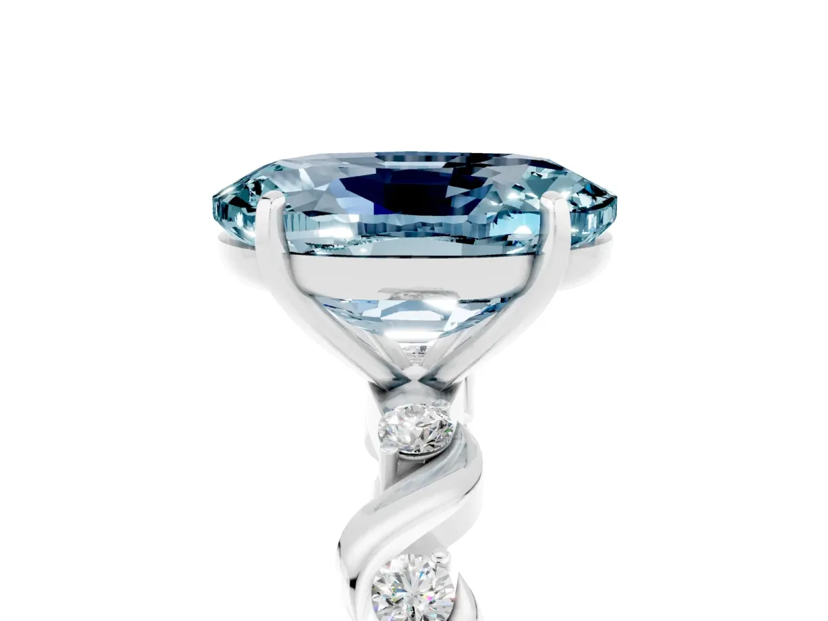 Oval Cut Aquamarine Solitaire Twisted Band with Round Accents and Prong Setting White gold