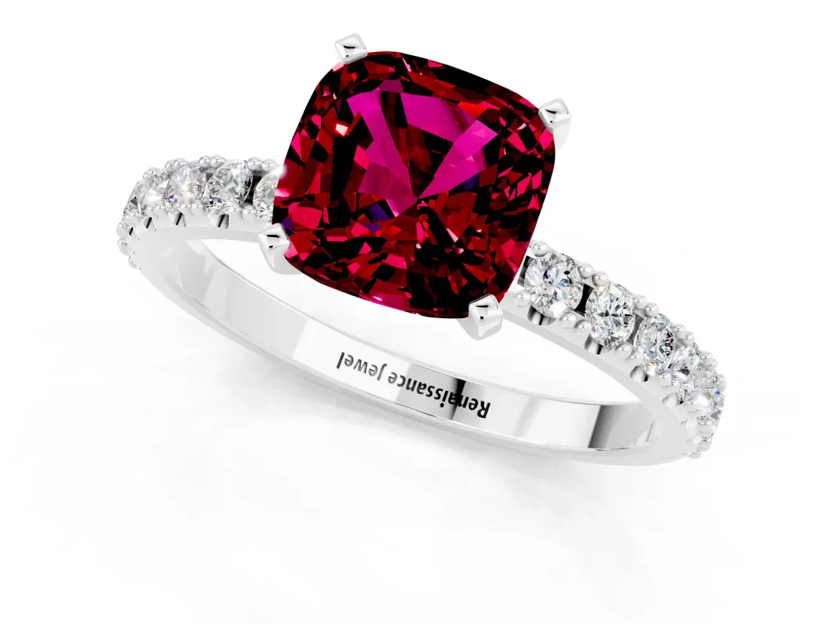 Cushion Cut Garnet Solitaire Pavé Band with Four-Prong Setting Silver