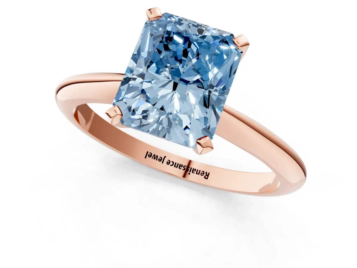 Fancy Blue Radiant Cut Diamond Solitaire Engagement Ring with Classic Band and Four-Prong Setting Rose gold