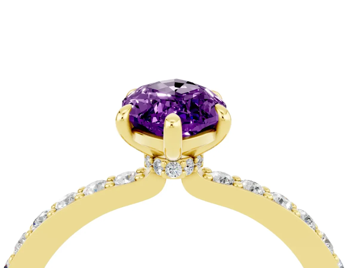 Marquise Cut Amethyst Solitaire Engagement Ring with Pavé Band and Four-Prong Setting Yellow gold