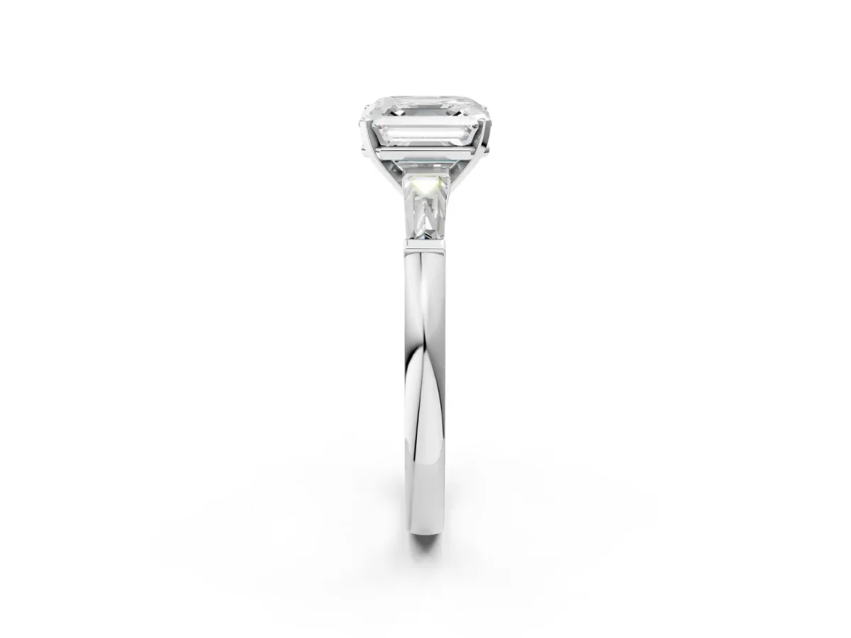 Asscher Cut Solitaire with Tapered Baguette Side Stones on a Classic Band with Four-Prong Setting Platinum
