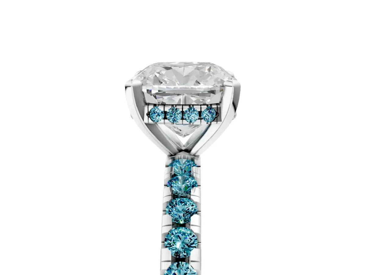 Cushion Cut Diamond Solitaire Ring with Round Blue Topaz Pavé Band and Four-Prong Setting White gold