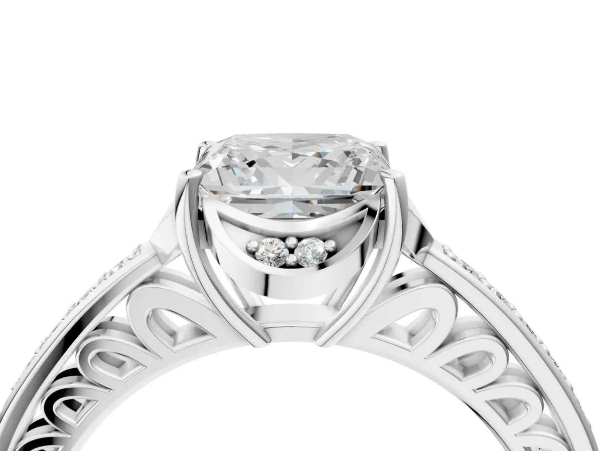 Princess Cut Cut Halo Diamond Ring with Channel Set Band and Four-Prong Setting White gold