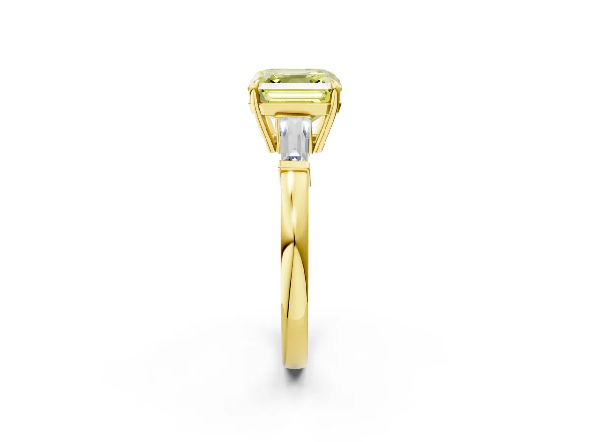 Fancy Yellow Asscher Cut Diamond Three-Stone Ring with Tapered Baguette Side Stones and Prong Setting Yellow gold