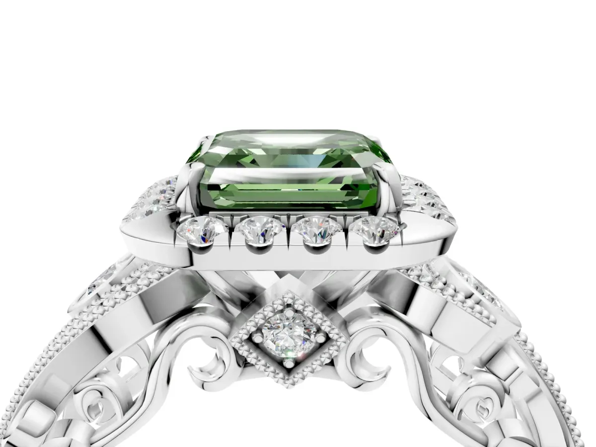 Fancy Green Asscher Cut Diamond Halo Ring with Milgrain Pavé Band and Four-Prong Setting White gold