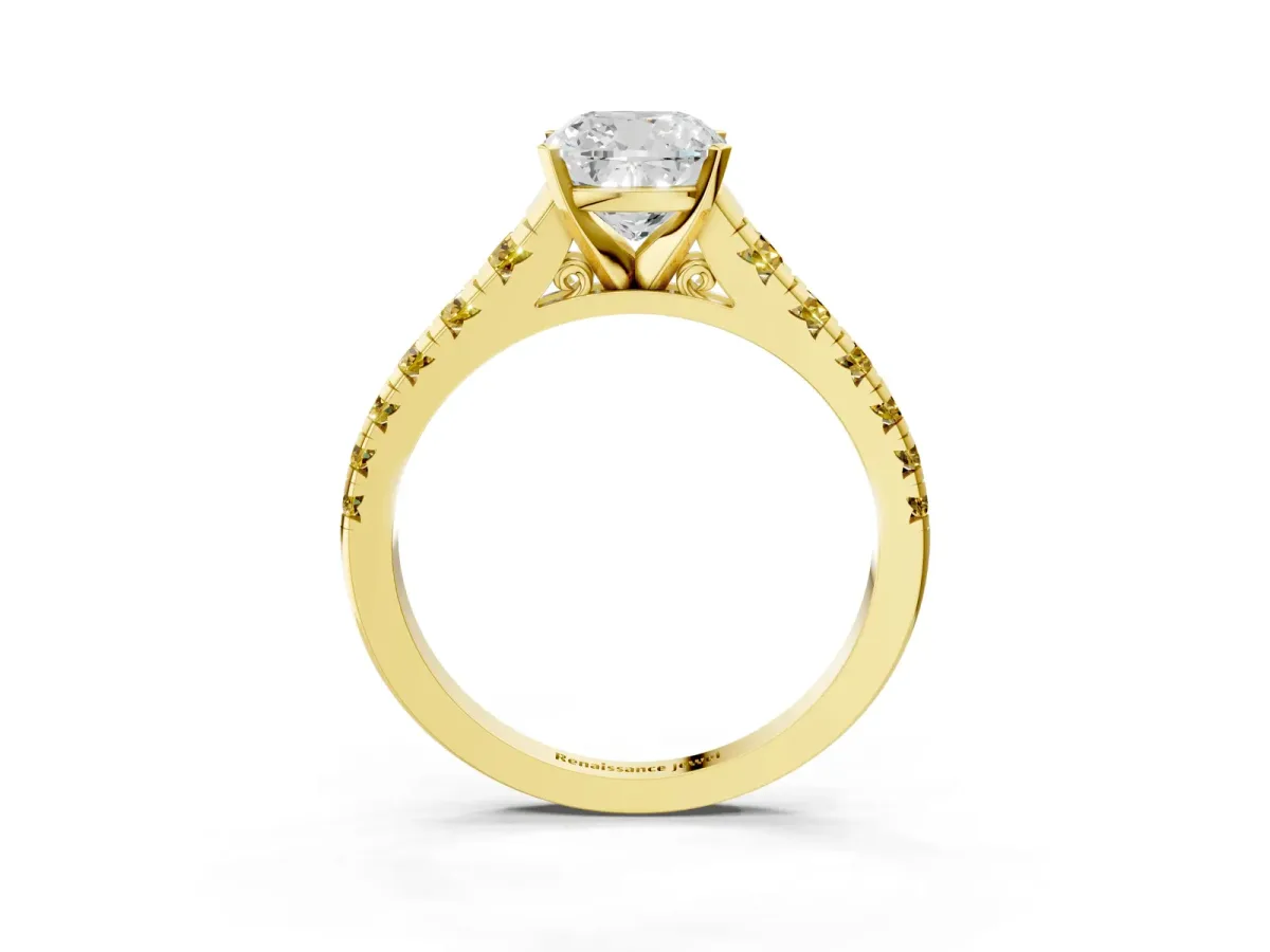 Cushion Cut Diamond Cathedral Solitaire Ring with Round Yellow Sapphire Pavé Band Yellow gold