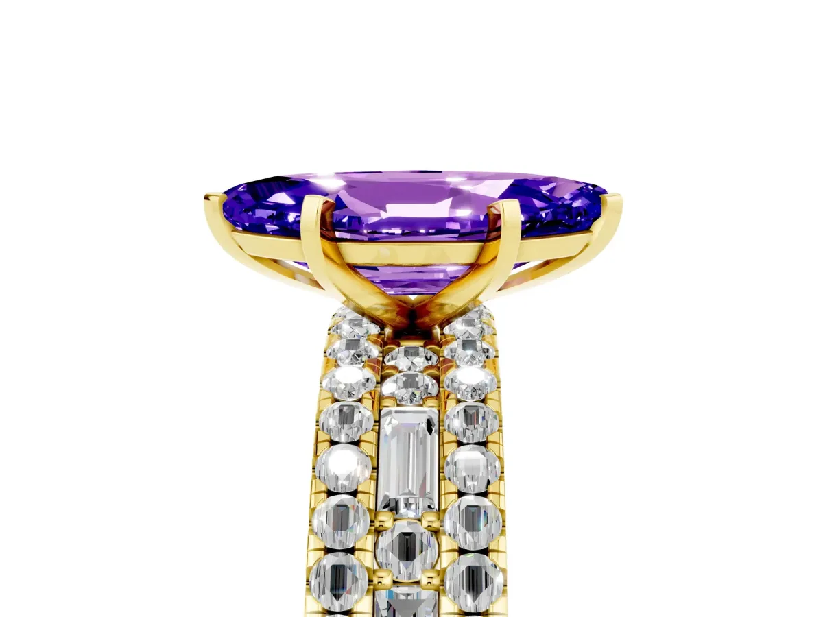 Marquise Cut Tanzanite Solitaire Ring with Pavé and Channel Set Band Yellow gold