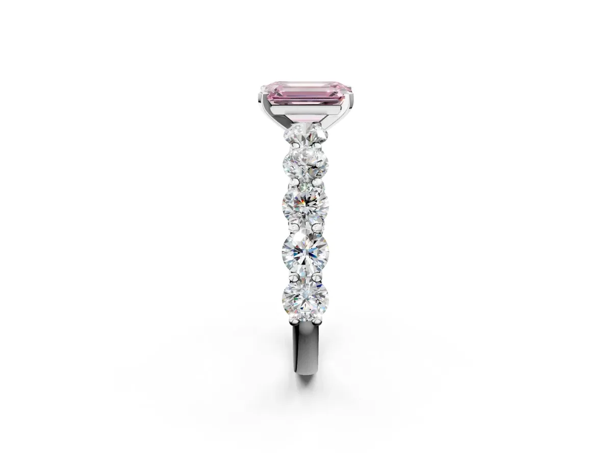 Fancy Pink Emerald Cut Diamond Prong Setting with Side Stones on a Pave Band Silver