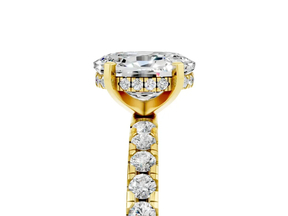 Oval Cut Moissanite Solitaire Ring with Round Pavé Band and Four-Prong Setting Yellow gold