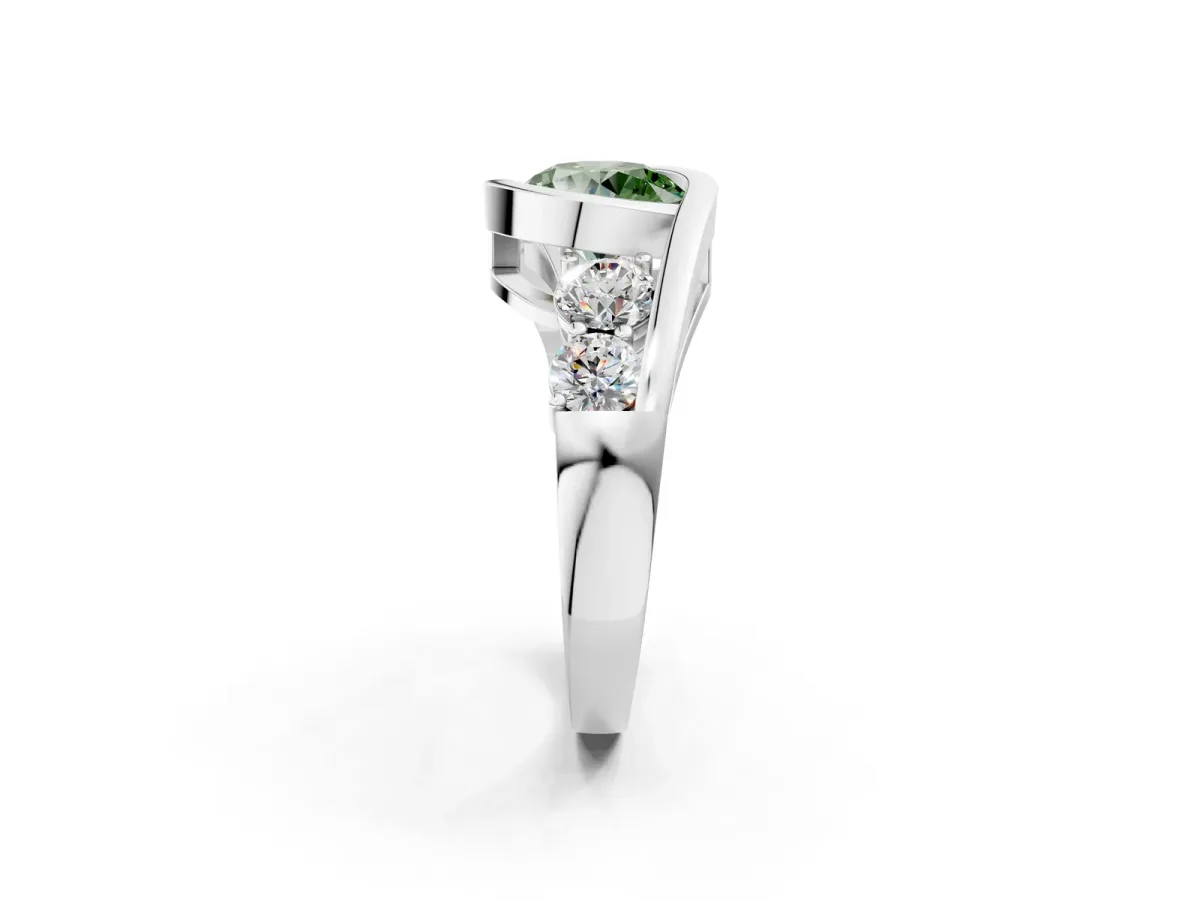 Fancy Green Bezel Set Round Cut Diamond Bypass Ring with Round Accents Platinum