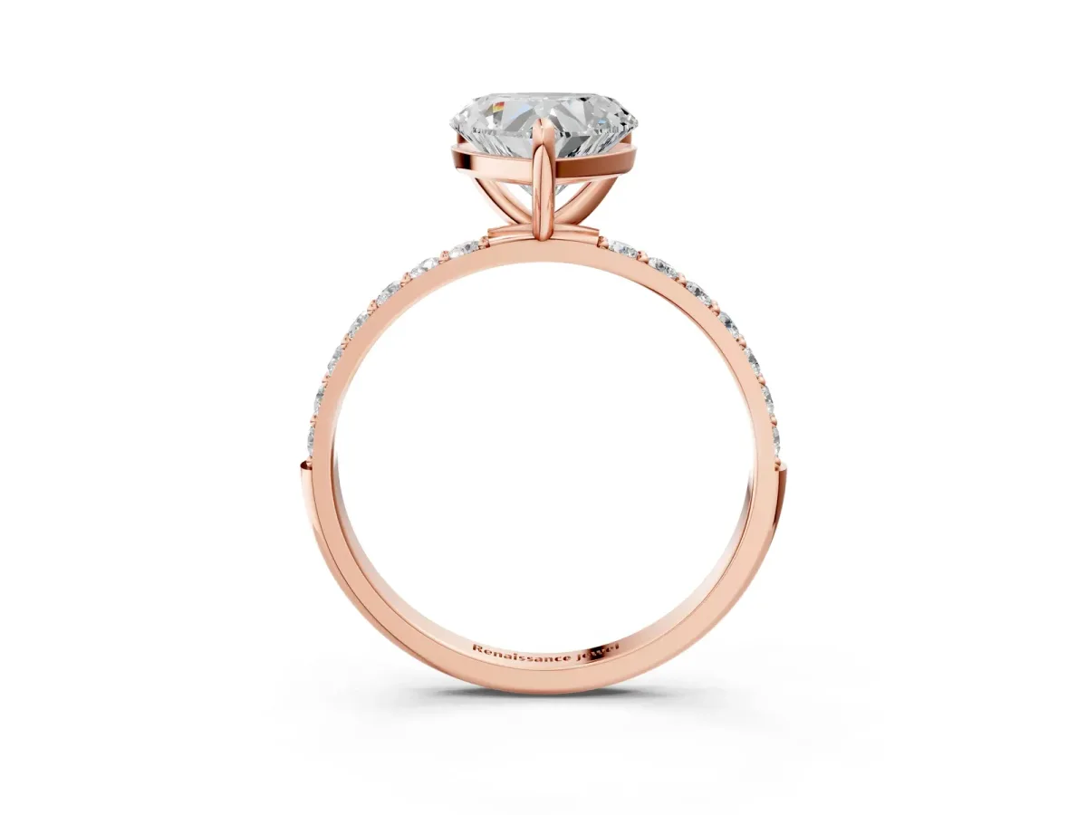 Heart Cut Diamond Solitaire Ring with Round Moissanite Pavé Band and Prong Setting Rose gold