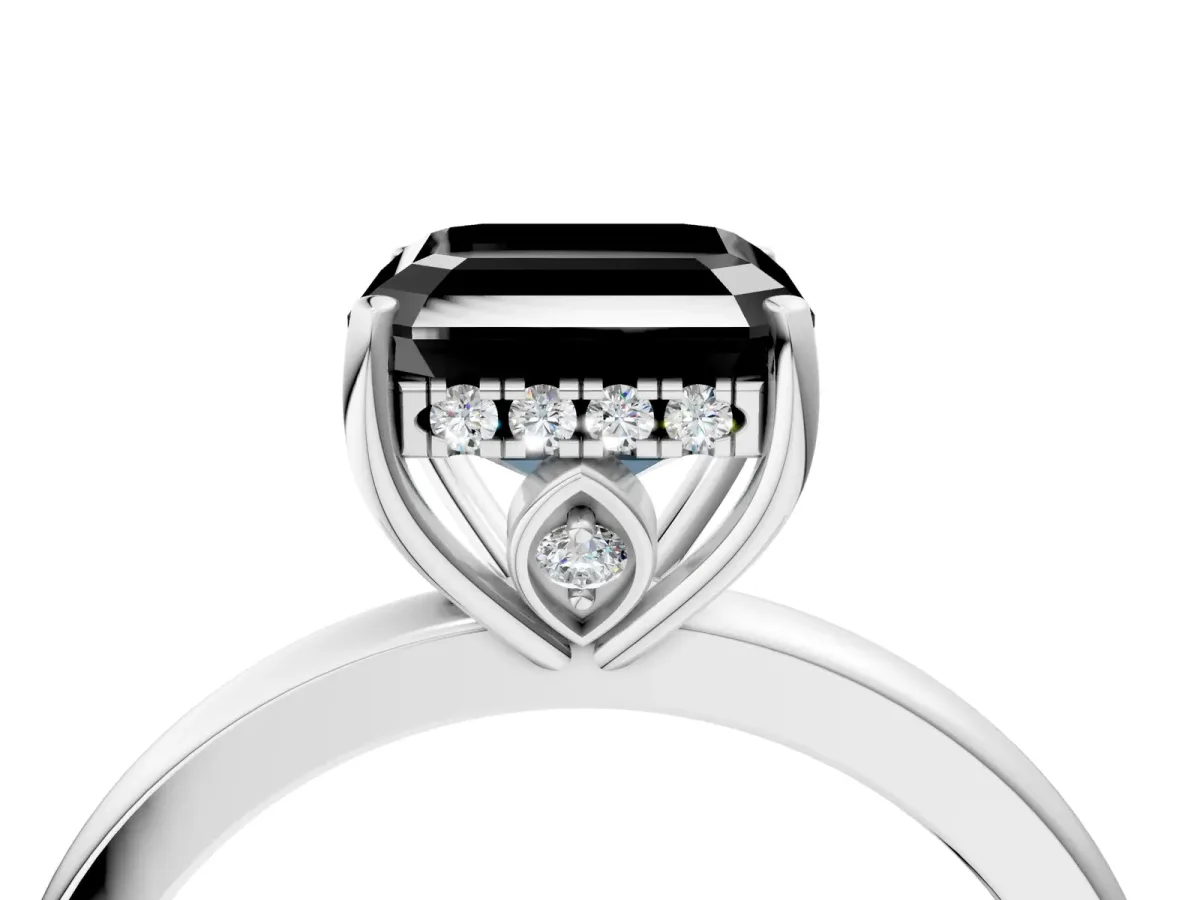 Fancy Black Asscher Cut Solitaire Diamond Ring with Prong Setting and Plain Band Silver