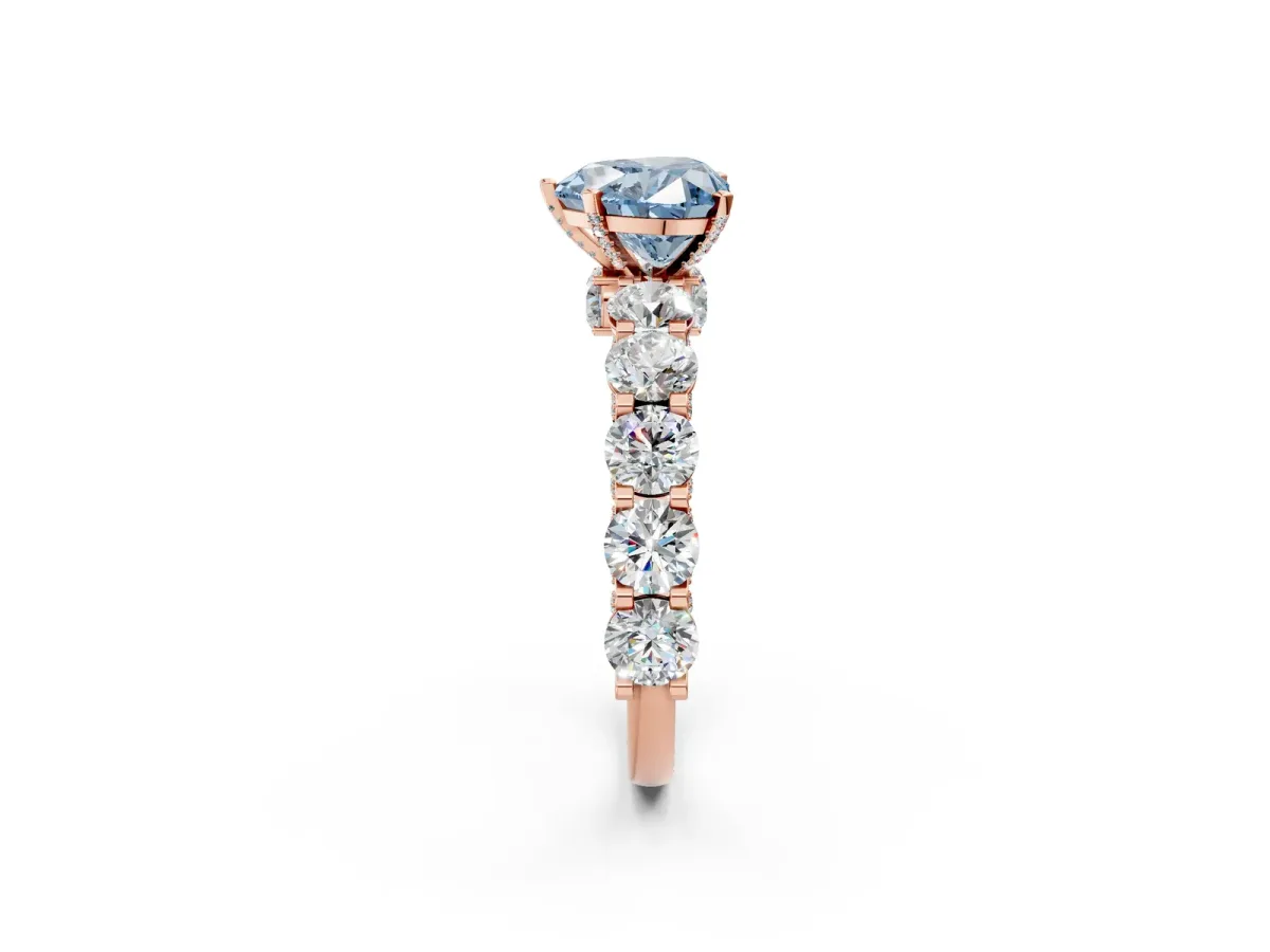 Fancy Blue Heart Cut Diamond Side Stone Engagement Ring with Four-Prong Setting Rose gold