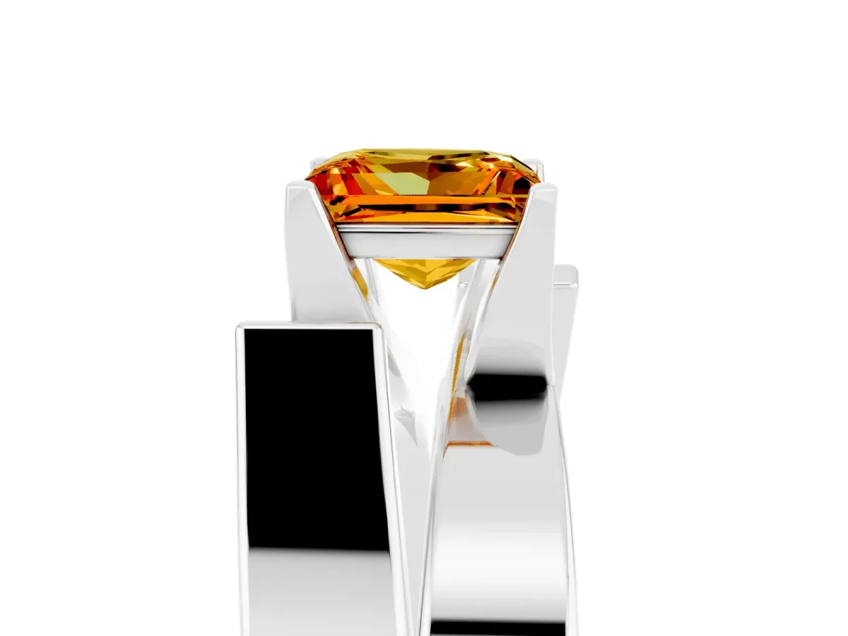 Modern Tension Set Princess Cut Citrine Solitaire Wide Band Ring Silver