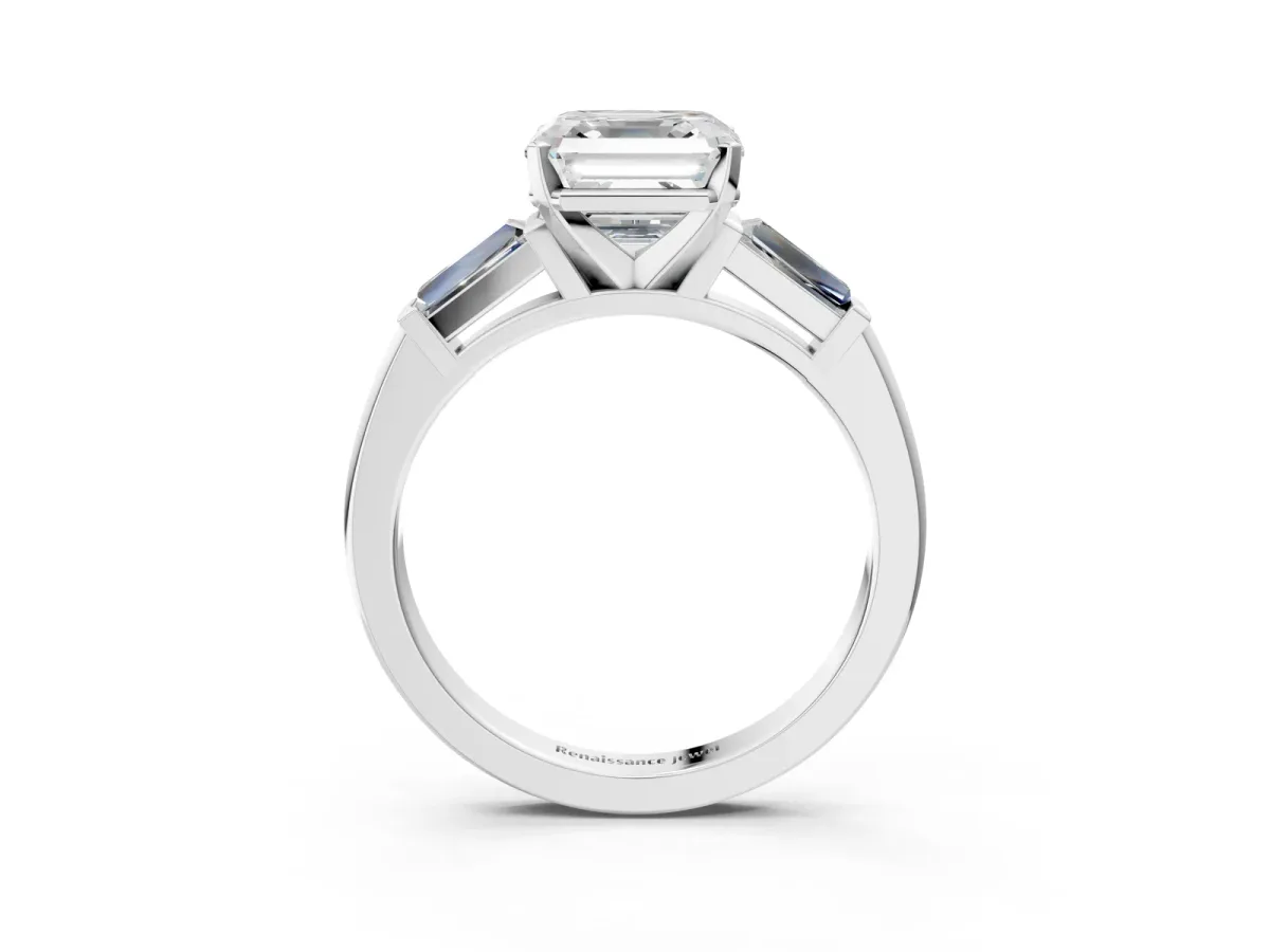 Asscher Cut Solitaire with Tapered Baguette Side Stones on a Classic Band with Four-Prong Setting Platinum