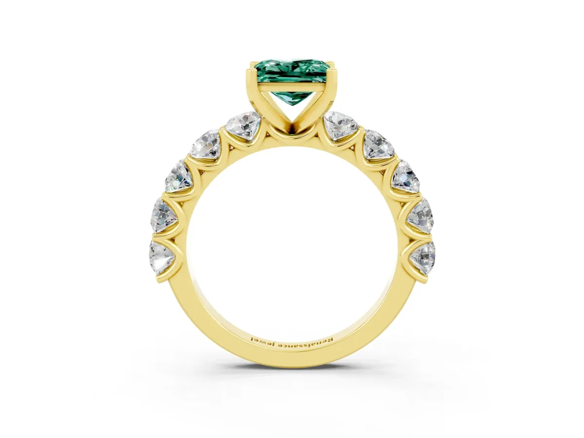 Princess Cut Green Sapphire Prong Setting with Side Stones on a Pave Band Yellow gold