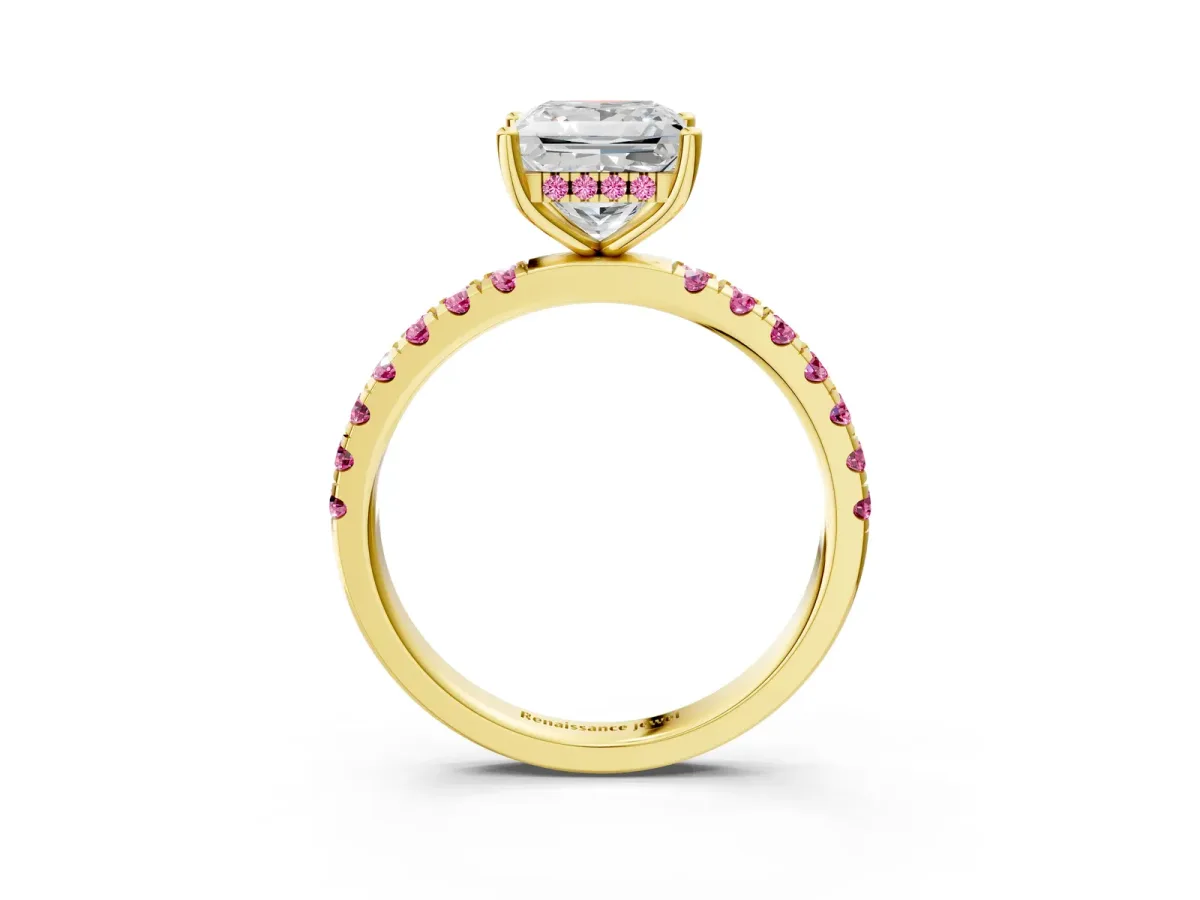 Princess Cut Diamond Pave Band Solitaire Ring with Round Pink Sapphire and Prong Setting Yellow gold